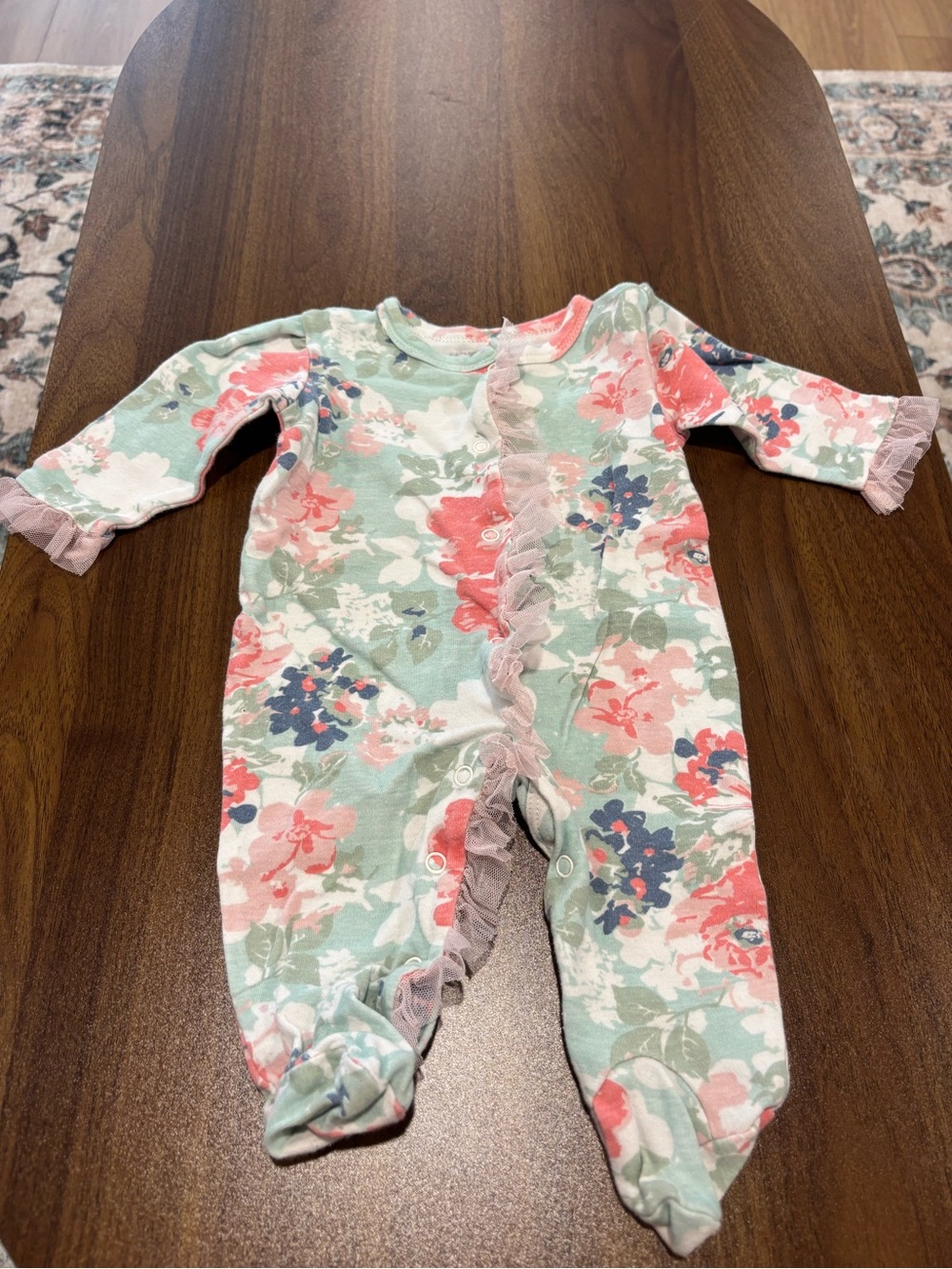 Catherine Malandrino Floral Ruffle Footie - Mint, Coral, Navy